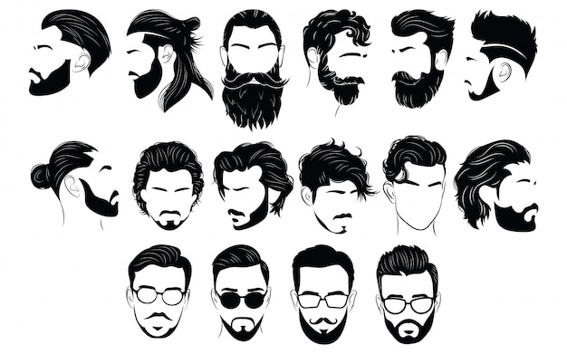 Ensemble De Coiffures Pour Hommes. Collection De Silhouettes Noires De Coiffures Et De Barbes.