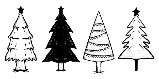 Ensemble de collection d'arbres de Noël Esquisse de dessin animé Doodle Illustration pour tatouage, autocollants, etc.