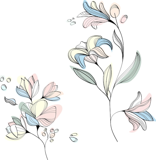 Vecteur un ensemble de collection colorée florale dessinée à la main de contours de fleurs roses et d'herbes