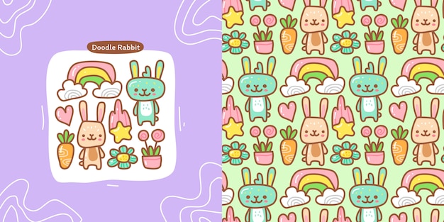 Ensemble De Collection Doodle D'élément De Lapin Et Lapin Modèle Sans Couture