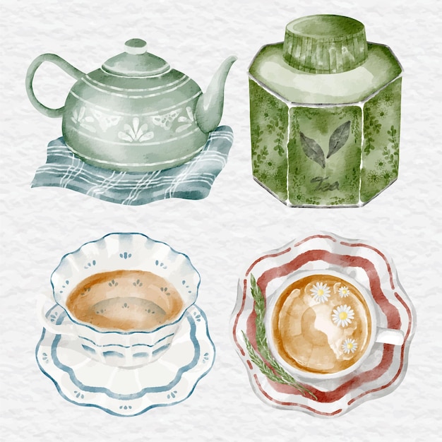 Vecteur ensemble de collection d'éléments de tasse de thé aquarelle