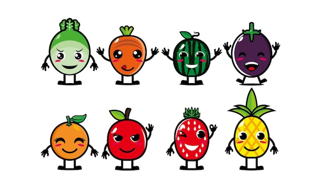 Ensemble De Collection De Fruits Et Légumes Amusants Souriants Mignons Et Souriants Personnage De Dessin Animé De Style Plat De Vecteur