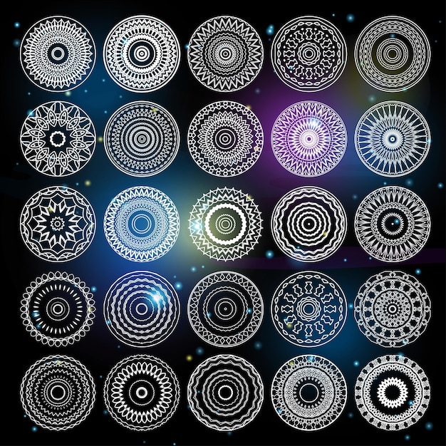 Ensemble De Collection De Géométrie Sacrée De Mandalas Vectoriels Autour D'ornements Ethniques Sur Un Fond De Ciel étoilé