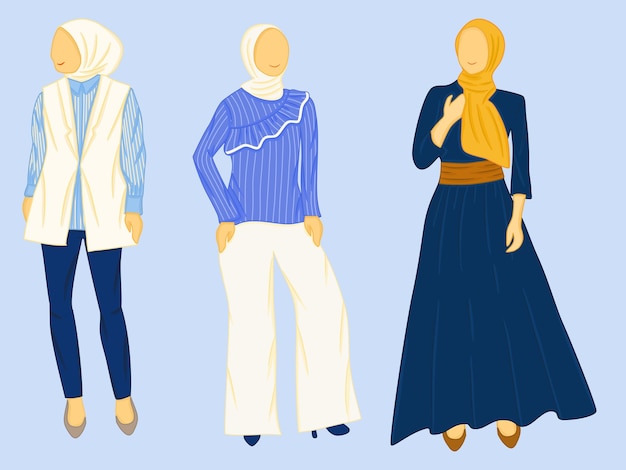 Vecteur ensemble de collection hijab fille porter des vêtements modernes et les plus récents
