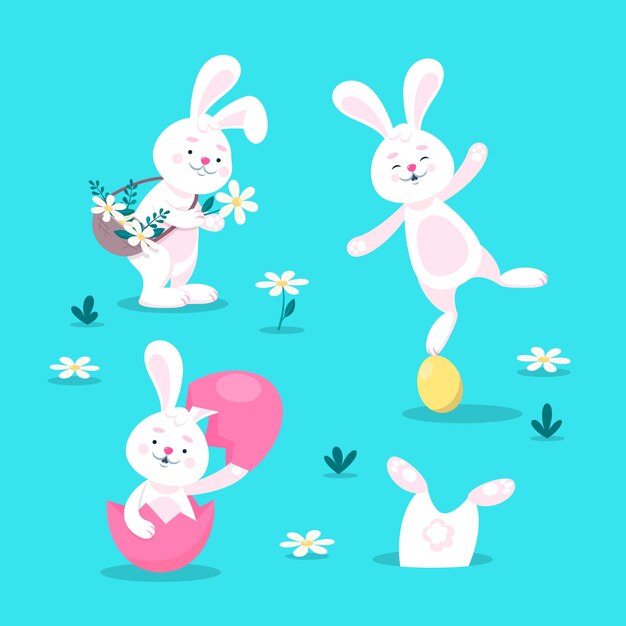 Ensemble de collection de lapins de pâques heureux avec différentes poses