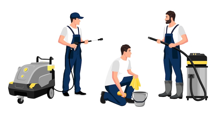 Vecteur ensemble de collection de lave-autos isolés avec instruments d'outils de lavage de voiture jeunes hommes heureux en uniforme de service automobile travail professionnel soins de véhicule lavage nettoyage équipement de voiture illustration vectorielle