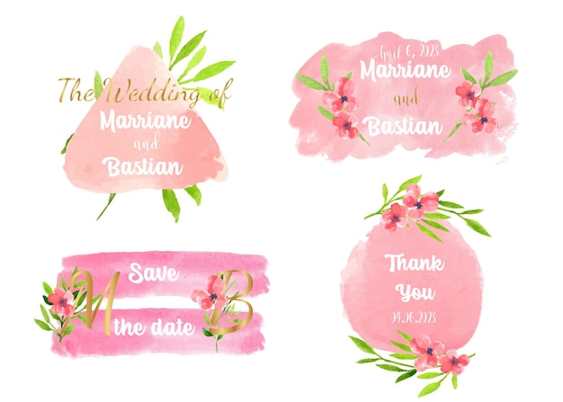 Ensemble De Collection De Mariage Fleur Rose De Logo Aquarelle