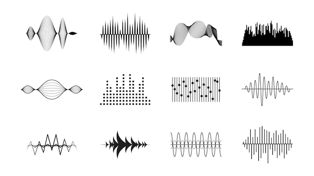 Vecteur ensemble collection noire éléments abstraits ondes audio voix son musique formes style design vectoriel