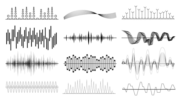 Ensemble Collection Noire éléments Abstraits Ondes Audio Voix Son Musique Formes Style Design Vectoriel