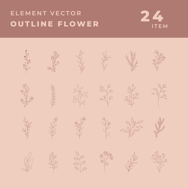 Vecteur ensemble ou collection d'objets vectoriels de plantes florales avec style de contour