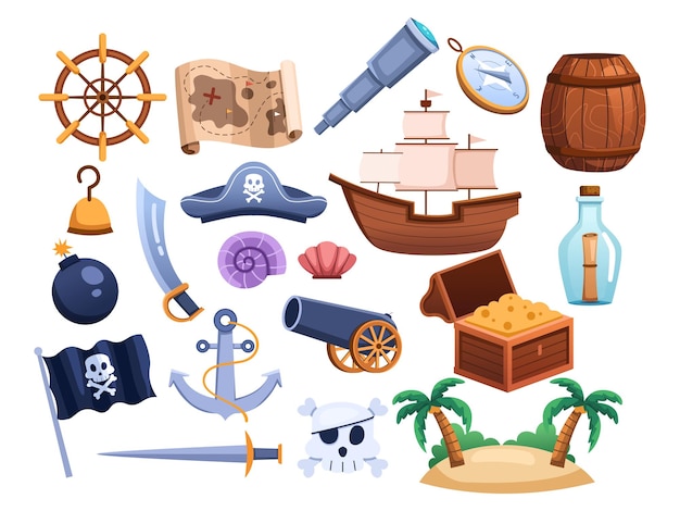 Vecteur l'ensemble de la collection pirate clip art comprend un trésor d'objets et d'éléments sur le thème des pirates.