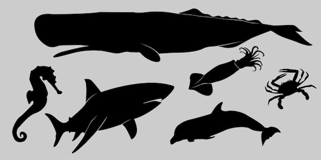 Vecteur ensemble de collections de silhouettes noires et blanches d'animaux marins poissons vie marine