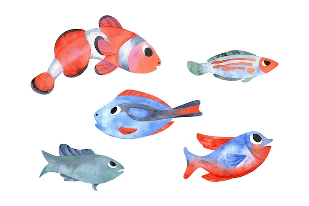 Ensemble Coloré Aquarelle De Poissons Isolés Sur Fond Blanc Peint à La Main Sous L'eau Multicolore