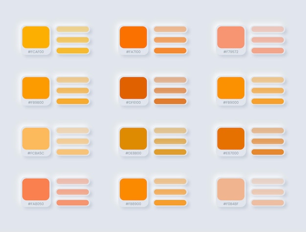 Vecteur ensemble de combinaison de palette de couleurs orange dans la palette de couleurs de style neumorphique hexadécimal rgb pour la conception ui ux