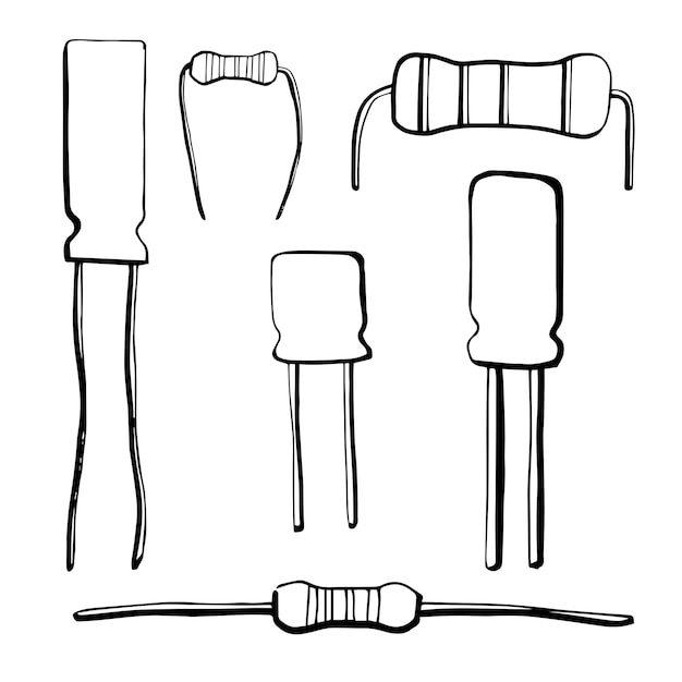 Vecteur ensemble de composants électroniques : résistance, condensateur électrolytique isolé sur fond blanc. illustration vectorielle dans un style de croquis.
