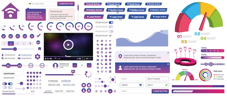 Vecteur un ensemble de composants d'interface utilisateur pour les applications mobiles et les sites web. les boutons forment des icônes, des menus et des panneaux.