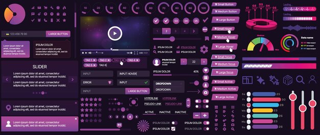 Un ensemble de composants d'interface utilisateur pour les applications mobiles et les sites Web Inclut des boutons, des panneaux, des menus, des curseurs et des graphiques