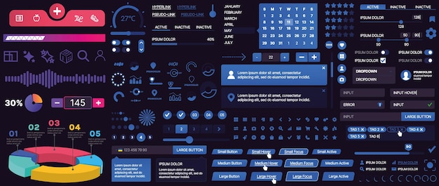 Un ensemble de composants d'interface utilisateur pour les applications mobiles et les sites Web Inclut des boutons, des panneaux, des menus, des curseurs et des graphiques
