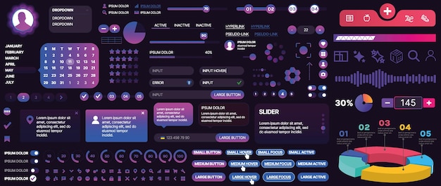 Un ensemble de composants d'interface utilisateur pour les applications mobiles et les sites Web Inclut des boutons, des panneaux, des menus, des curseurs et des graphiques