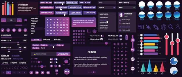 Un ensemble de composants d'interface utilisateur pour les applications mobiles et les sites Web Inclut des boutons, des panneaux, des menus, des curseurs et des graphiques