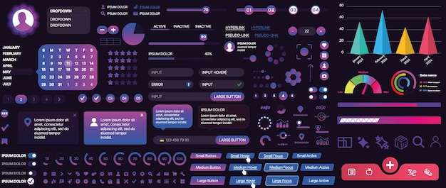 Un ensemble de composants d'interface utilisateur pour les applications mobiles et les sites Web Inclut des boutons, des panneaux, des menus, des curseurs et des graphiques