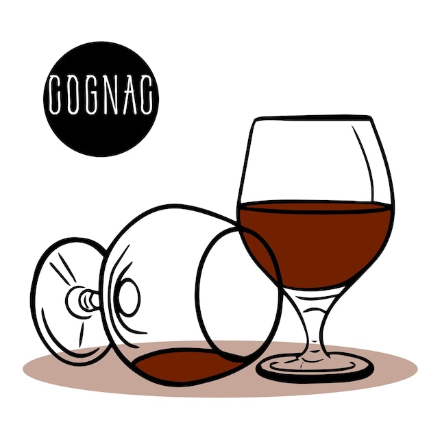 Ensemble De Composition De Cognac. Un Verre Reste De Cognac Autre Verre Vide. Cocktail Alcoolisé.