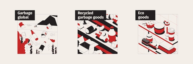 Ensemble de compositions isométriques avec processus de recyclage des ordures et produits écologiques sur illustration vectorielle étagères