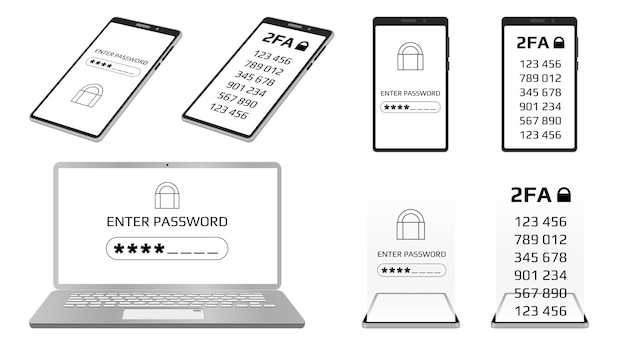 Ensemble de concept d'authentification à deux facteurs 2FA et concept d'entrée de mot de passe sur l'écran de l'ordinateur portable et du smartphone Protéger votre argent avec des codes sur un smartphone Illustration vectorielle