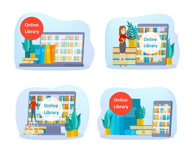 Ensemble De Concept De Bibliothèque En Ligne. Utilisation D'un Téléphone Portable Et D'un Ordinateur Pour L'apprentissage Et L'éducation. Les Gens Lisent Des Livres Numériques Sur Leurs Smartphones. Illustration Vectorielle Plane