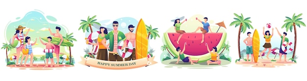 Ensemble de concept d'été avec des personnes profitant de vacances pendant l'été sur l'illustration de la plage