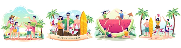 Ensemble De Concept D'été Avec Des Personnes Profitant De Vacances Pendant L'été Sur L'illustration De La Plage