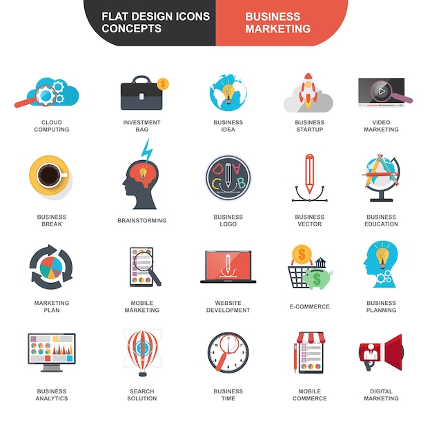 Ensemble De Concept D'icônes Du Design Plat Pour Le Marketing Et L'analyse De La Stratégie, E-commerce, Global B