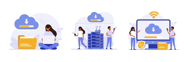 Vecteur ensemble de concept d'illustration de la technologie cloud sauvegarde des informations de stockage de données en ligne du service cloud