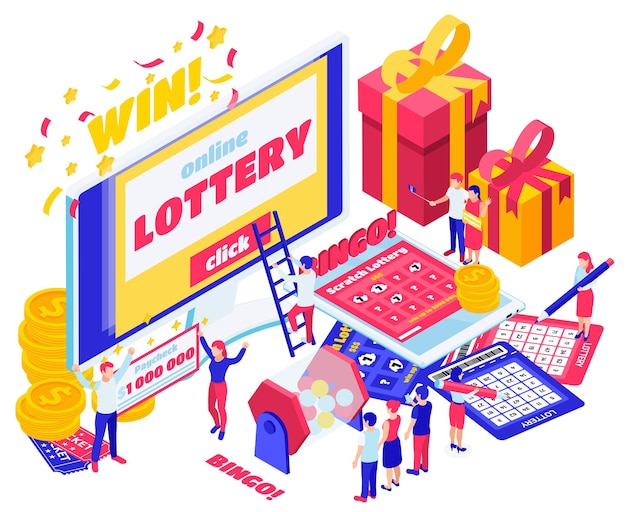 Ensemble de concept isométrique de loterie d'écran avec chèque de paie de loterie en ligne pour une carte de bingo d'un million de dollars