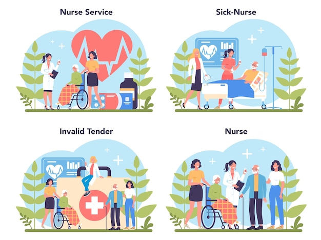 Ensemble de concept de service infirmier. Personnel médical, personnel hospitalier et clinique. Assistance professionnelle pour la patience senior.