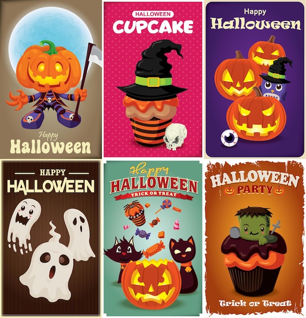 Ensemble De Conception D'affiches D'halloween Vintage