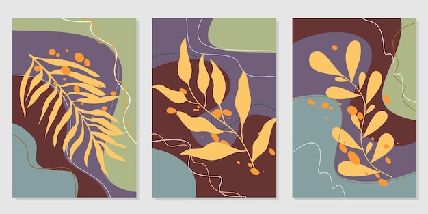 Ensemble De Conception De Décoration Murale Abstraite Naturelle. Arrière-plan Avec Gribouillis De Silhouette De Feuille