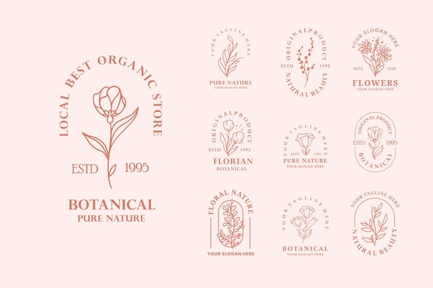 Ensemble De Conception D'illustration De Logo Botanique Floral Dessiné à La Main Rose Vintage Moderne Pour La Marque De Beauté