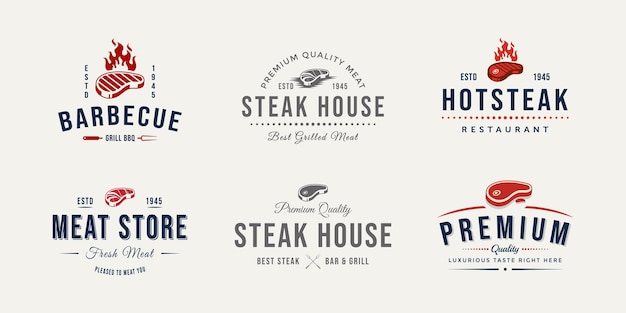Ensemble de conception d'illustration vectorielle de logo de magasin de viande de boucherie vintage
