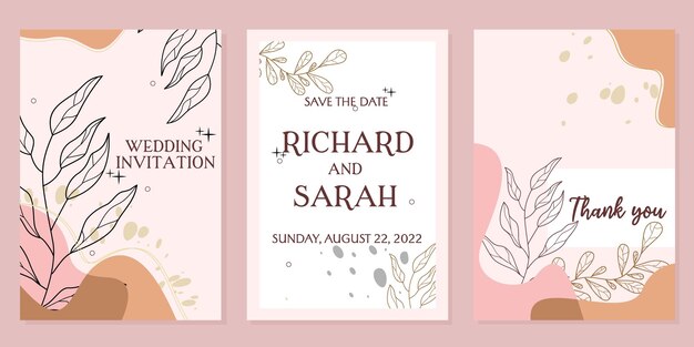 ensemble de conception d'invitation de mariage sur le thème boho esthétique. fond rose avec des éléments de feuille dessinés à la main