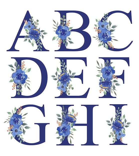 Vecteur ensemble de conception de lettres alphabet fleurs bleues aquarelle ai