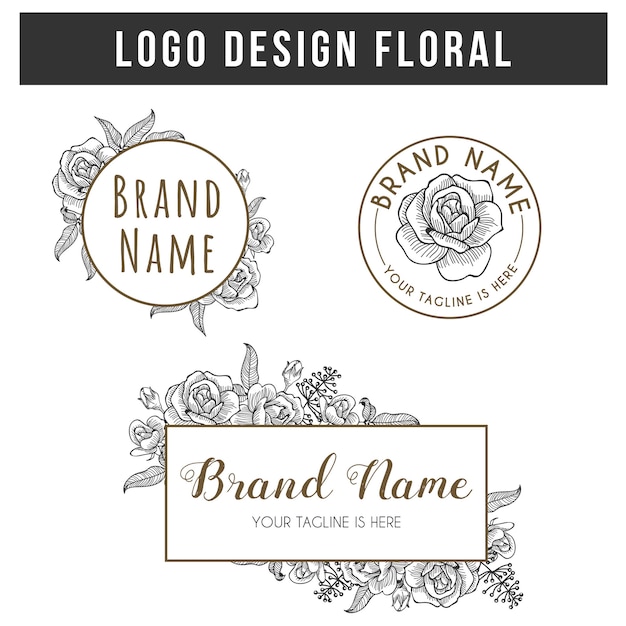 Ensemble de conception de logo floral vintage rose dessiné à la main