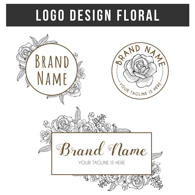 Ensemble De Conception De Logo Floral Vintage Rose Dessiné à La Main