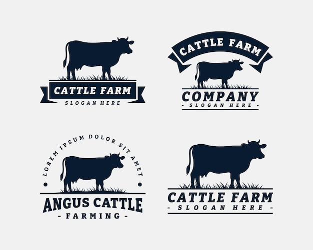 Ensemble de conception de modèle de logo de ferme bovine. Vecteur d'insigne vintage noir angus.