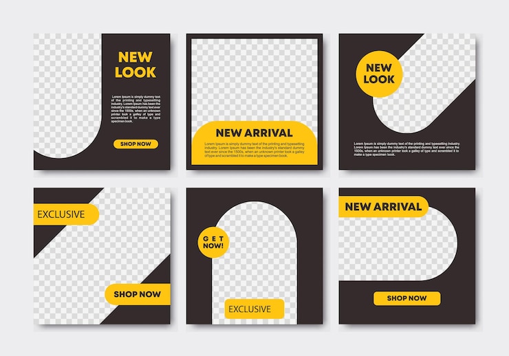 Vecteur ensemble de conception de modèle de publication de médias sociaux de luxe élégant avec des couleurs noires et jaunes vente de remise promotionnelle de marque de mode tout le monde peut utiliser cette conception facilement illustration vectorielle de pack de médias sociaux