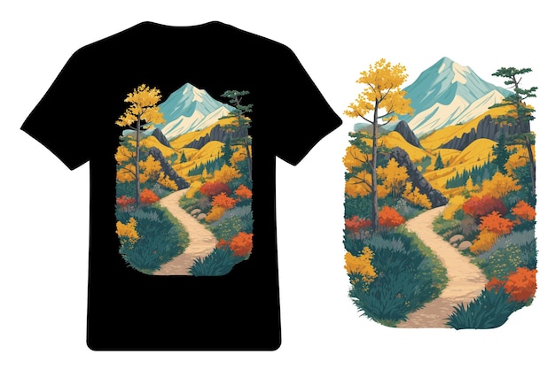 Ensemble De Conception De T-shirts Une Illustration D'arbres De Soleil De Montagne Vecteur De T-shirt