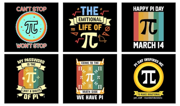 Ensemble De Conception De T-shirts Pi Day. Tee-shirt Pi. Conception De T-shirt Mathématique. Pi Jour Graphismes Vectoriels