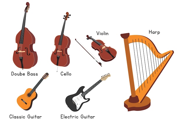 Ensemble de conception vectorielle d'instruments de musique à cordes. Harpe, contrebasse, violon, guitare clipart plat
