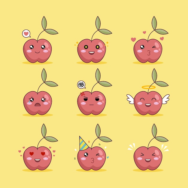 Ensemble De Conceptions D'illustration D'emojis De Personnage De Cerise Rouge Mignon Sur Fond Jaune