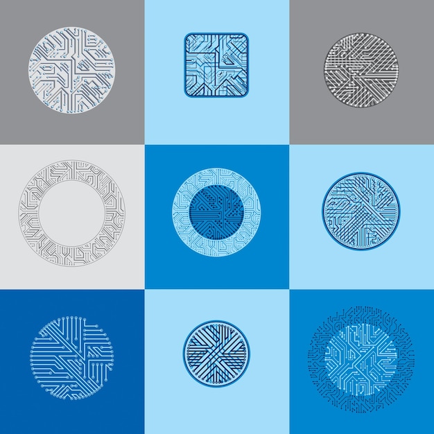 Ensemble de conceptions de processeur de technologie vectorielle avec des schémas de microprocesseur bleus carrés et circulaires. Cartes de circuits informatiques, éléments numériques.